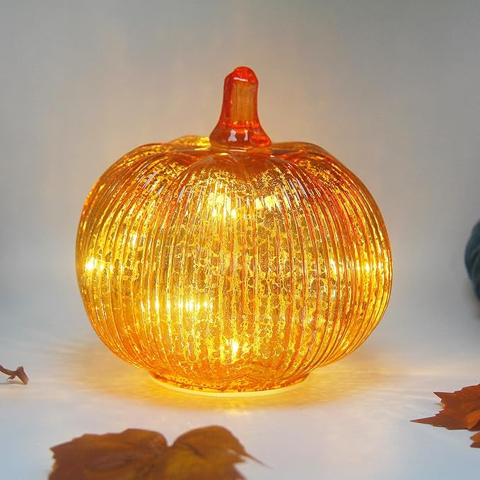 Mercury Glass Pumpkin Lights with Timer, Battery Operated Led Pumpkin Lights for Halloween Fall,Thanksgiving Rustic Decor (Gold Fine-Striped, 6")