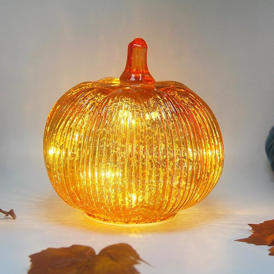 Mercury Glass Pumpkin Lights with Timer, Battery Operated Led Pumpkin Lights for Halloween Fall,Thanksgiving Rustic Decor (Gold Fine-Striped, 6")