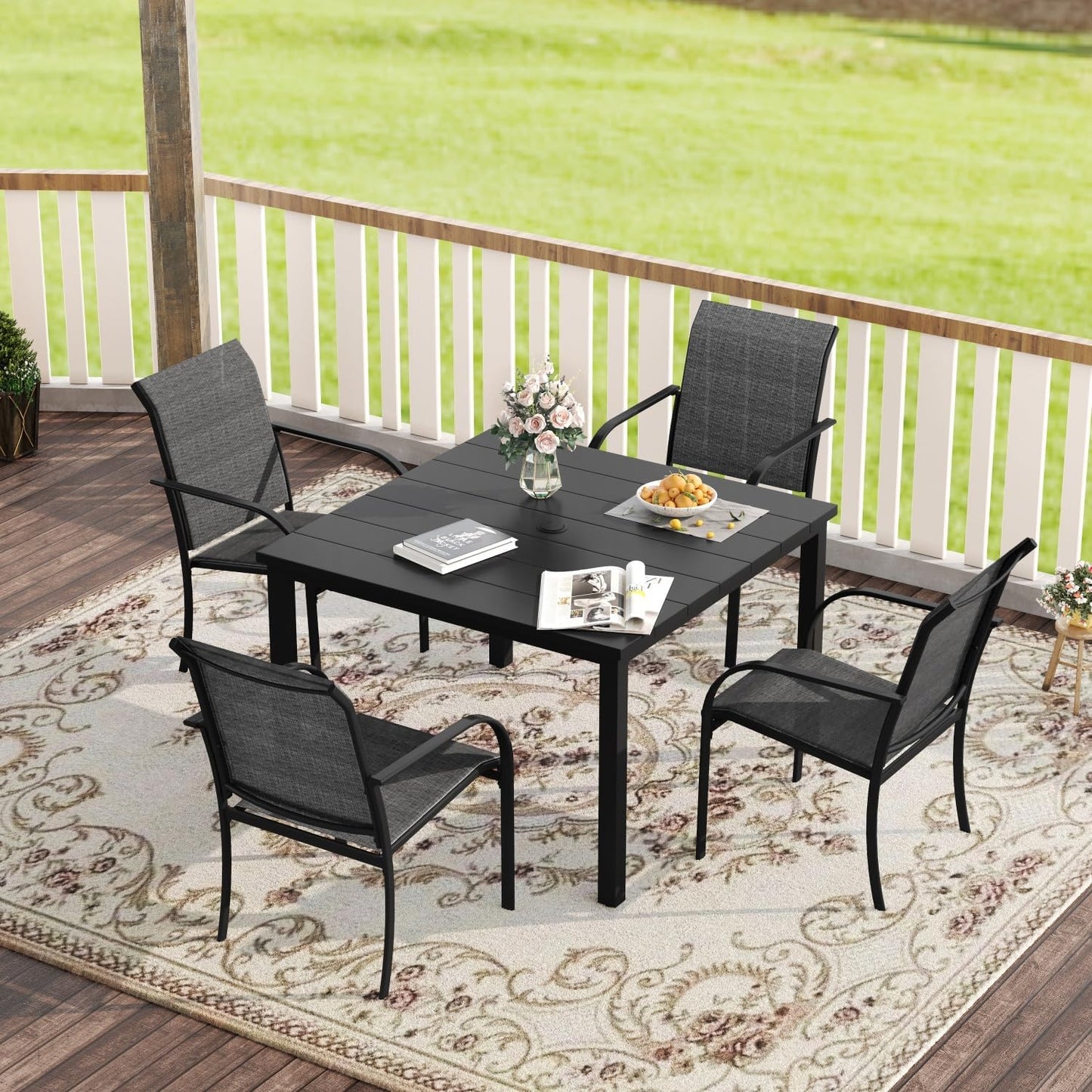 VICLLAX Patio Dining Set for 4, Outdoor Furniture Set Includes 1 Square Table and 4 Stackable Sling Chairs, Black Table and Dark Grey Chairs