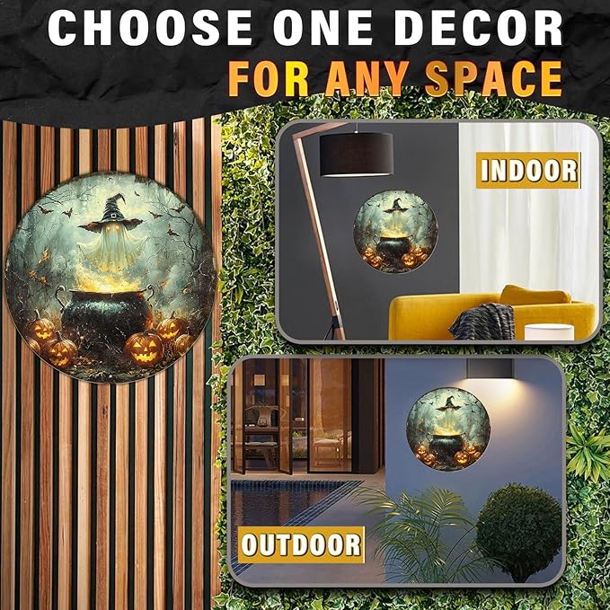 PEACHGARDEN Round Halloween Spooky Ghost With Witch Hat Wreath Vintage Sign Halloween Pumpkin Metal Tin Sign for Home Bar Kitchen Hotel Dining Room Coffee 8x8inch