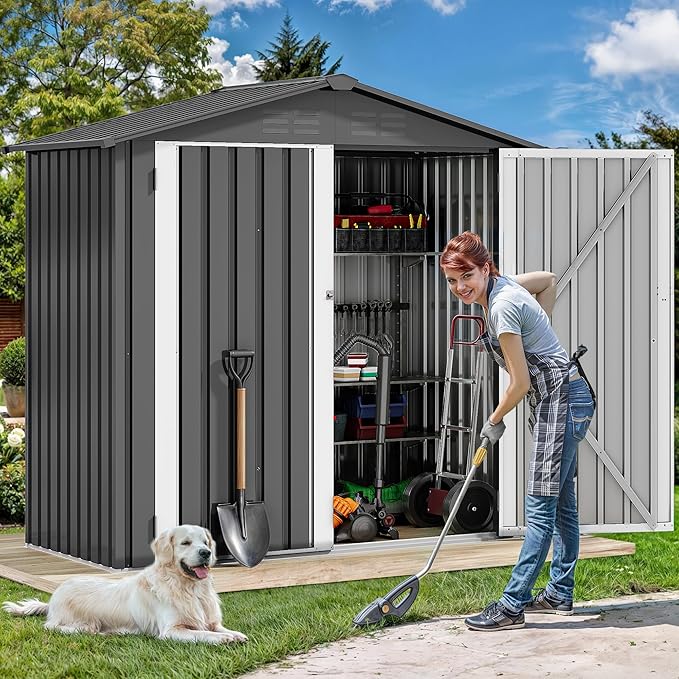 DWVO 6x4ft Metal Outdoor Storage Shed, Lockable Tool Storage Sheds, Oversized Steel Garden Sheds with Sloped Roof for Backyard, Patio, Garage, Lawn, Dark Gray