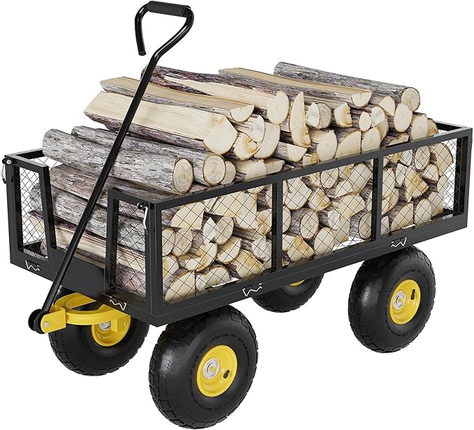 900 Lbs Garden Wagon, 2-in-1 Heavy-Duty Steel Garden Cart, with 10 Inch All-Terrain Tires and Removable Mesh Side Panels, 180° Rotating Handle, Metal Multi-Function Carts, Outdoor Gardens Wagon Cart