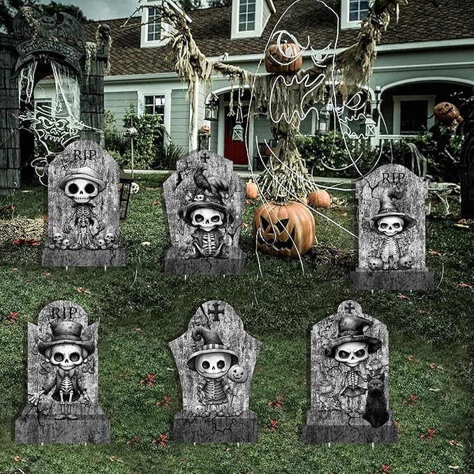 6pcs Halloween Tombstones Outdoor Yard Signs: Grave Skeletons, Black Cat, Crow, 11”x16.53 Halloween Home Party Decorations, Waterproof Safety Boards