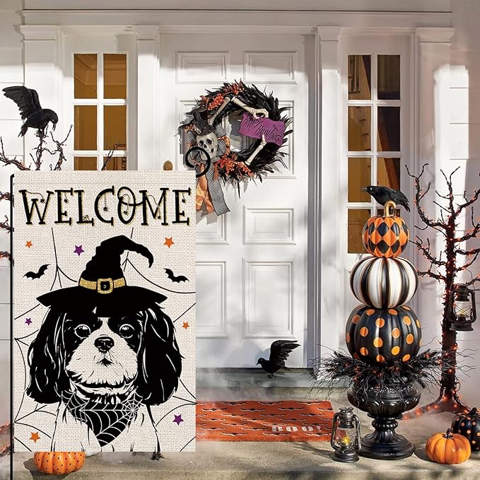 Halloween Garden Flag Shih Tzu Cobweb Bats Double Sided Vertical Welcome Flag Seasonal Holiday Outdoor Yard Lawn Party Decorations 12.5 x 18 Inch