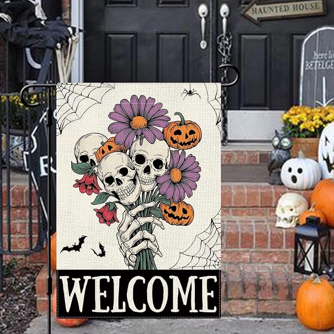 DLZDN Welcome Halloween Skull Garden Flag Skeleton Gothic Spooky Flag 12×18 Inch Double Side Vertical Burlap Farmhouse Yard Sign Holiday Seasonal Outdoor House Decoration