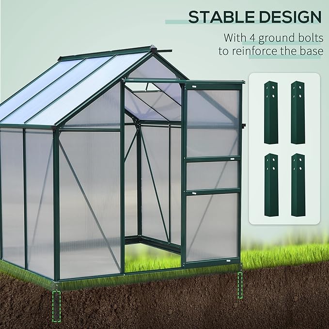 Outsunny 6' x 6' Greenhouse for Outdoors, Polycarbonate Greenhouse with Rain Gutter and Roof Vent, Aluminum Walk-in Green Houses for Outside for Patio Backyard Garden, Dark Green