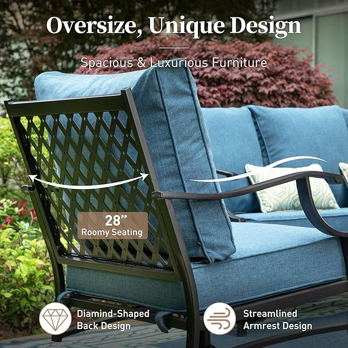 6 Piece Metal Outdoor Patio Furniture Set, Patio Conversation Sets 1 3-seater Sofa, 2 Swivel Chair, 2 Ottomans with 5.75" Thick Cushion and Coffee Table, Black Backyard Furniture, Navy