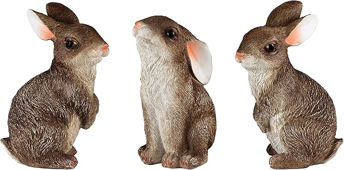JORAE Bunny Statue Yard Garden Decorations Set of Three, Rabbit Ornament Animal Outdoor Statue Brown, 5 Inch, Polyresin