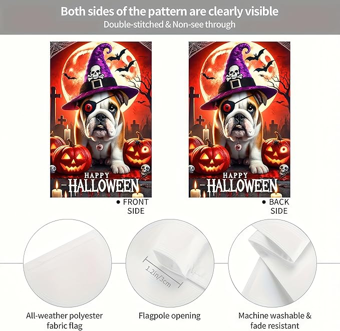 Hello Halloween Garden Flag One-eyed French Bulldog Dog Pumpkins Double Sided Vertical Seasonal Autumn Outdoor Yard Lawn Decorations Banner 12 x 18 Inch English Bulldog Witchy Halloween Flag