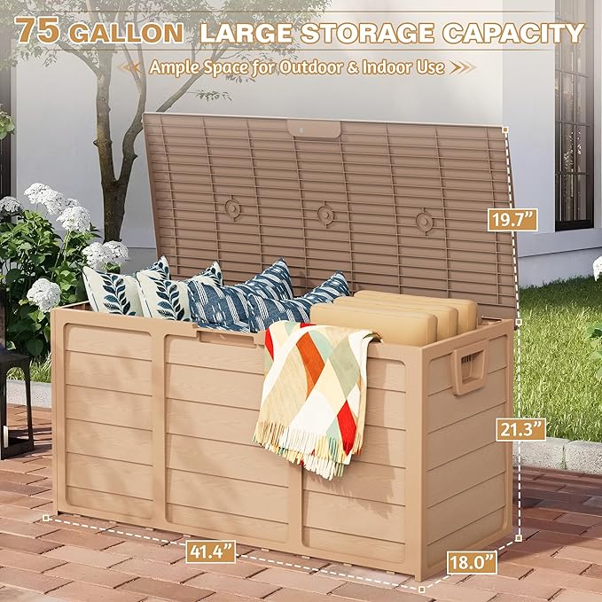 75 Gallon Outdoor Deck Box - Heavy Duty Resin Storage with Lockable Lid, UV Resistant for Patio Furniture Cushions, Pillows (Brown)