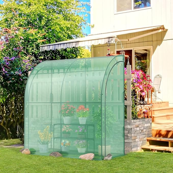Happygrill Walk-in Greenhouse with 3-Tier Flower Rack, Weatherproof PE Cover & Roll-up Zipper Doors, Lean-to Greenhouse for Garden, Backyard, Balcony