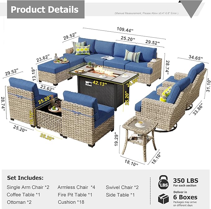 HOOOWOOO Outdoor Sectional Patio Furniture Set with Fire Pit Table,13 Pieces Wicker Conversation Sets L Shaped Couch,Extra Deep Out Door Sofa Outside Furniture with Swivel Chairs Ottoman,Denim Blue