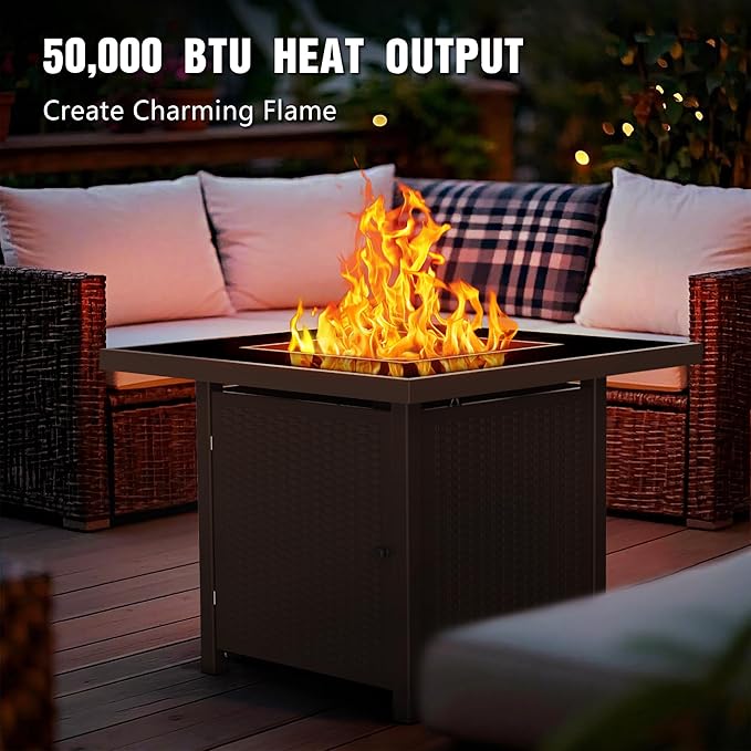 BALI OUTDOORS 32 inch Glass Tabletop Propane Fire Pit Outdoor, 50,000 BTU Propane Fire Pit Table Square, Gas Firepits for Outside Patio, Garden, Brown