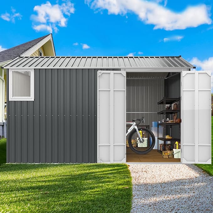 8x12 Ft Outdoor Storage Shed with Floor Frame and Window,Large Metal Utility Tool House W/Double Hinged Door & 4 Air Vents,All Weather Waterproof Garden Sheds for Backyard,Patio,Lawn,Dark Gray