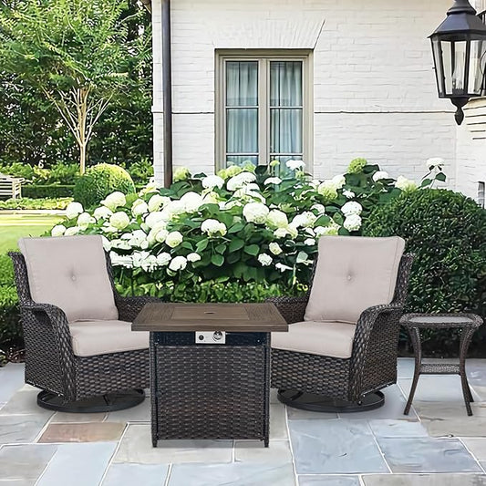 4 Pieces Patio Furniture Set with Fire Pit 50,000 BTU,Outdoor Swivel Rocker Chairs Set of 2 with PE Rattan Side Table,Wicker Outdoor Conversation Set with Rocking Chairs