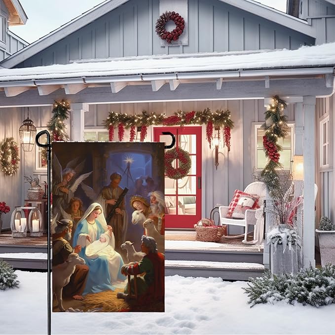 Nativity Garden Flags Religious Christmas Yard Flag Winter Catholic Jesus Garden Flag for Holy Night Outside Double Sided Home Yard Farm Xmas Decor Outdoor 12 x 18 In