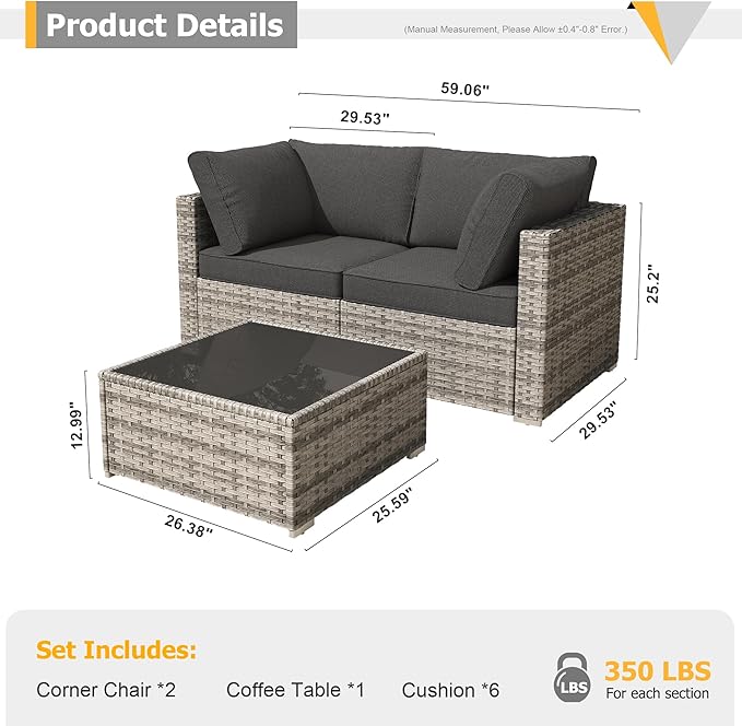 HOOOWOOO Patio Sectional Furniture Set,3 Piece Couch Set with 2 Matching Corner Chairs and 1 Table(Black)