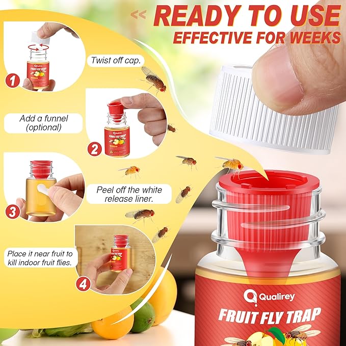 Qualirey 6 Pack Fruit Fly Traps for Indoors, Fruit Fly Killer and Catcher, Trap Refill Liquid for Home & Kitchen, Non Toxic Safe Near Food, Effective Lure Refill for Indoor Use