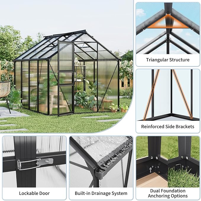 6x8FT Polycarbonate Greenhouse - Walk-in Outdoor Aluminum Frame Greenhouse with Roof Vent, Lockable Push Door for Garden, Backyard, Patio & Lawn(Black)