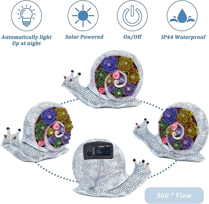 FORUP Snail Garden Statue, Resin Snail Figurine Garden Lawn Ornaments with Solar LED Lights for Outdoor Yard Garden Decorations