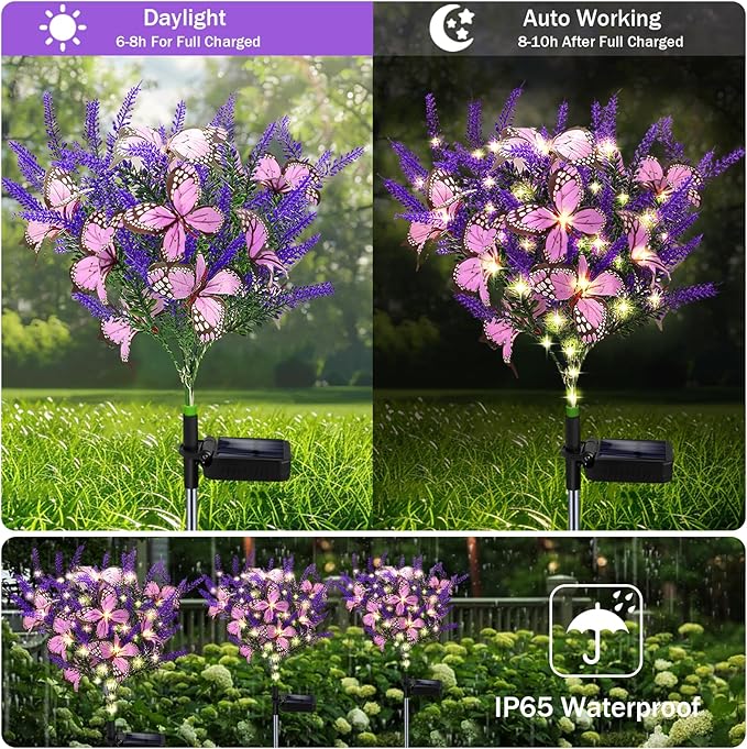 Kohlrabi Solar Garden Lights Outdoor, 4 Pack Purple Lavender Solar Butterfly Lights Gardening Gifts for Women, Artificial Flower with Butterfly Purple Garden Decor for Lawn Patio-Warm White