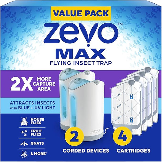 Zevo MAX Bug Catcher & Fly Trap for Indoors - Flying Insect Trap for Gnats, House & Fruit Flies - Use in Any Room - No-Mess Disposal (2 Plug in Bases & 4 Cartridges)