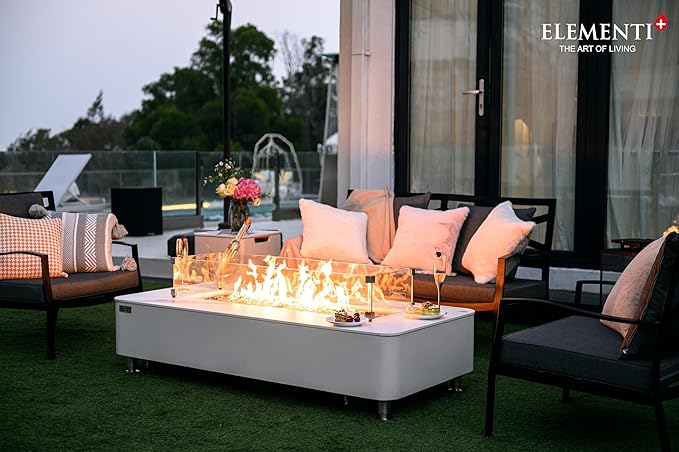 Elementi+ | Bundle Athens Gas Fire Pit | Concrete Body & Marble Porcelain Top | 62" Rectangular Fire Table | Electronic Ignition | Canvas Cover, Fire Glass, Burner Lid & More | White | Propane Gas