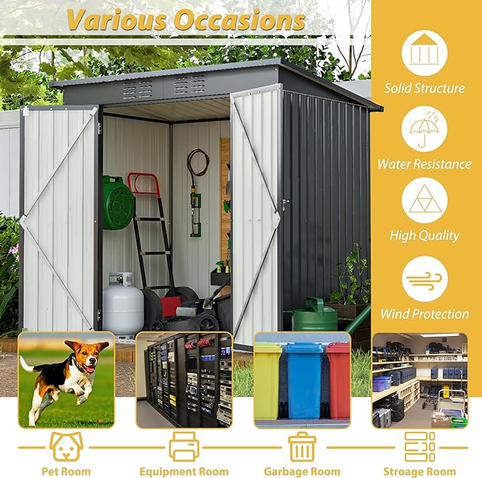 6x4 FT Metal Outdoor Storage Shed with Floor Frame and 2 Air Vents, Lean to Storage Shed, Garden Tool Storage Cabinet for Backyard Patio Lawn, Black