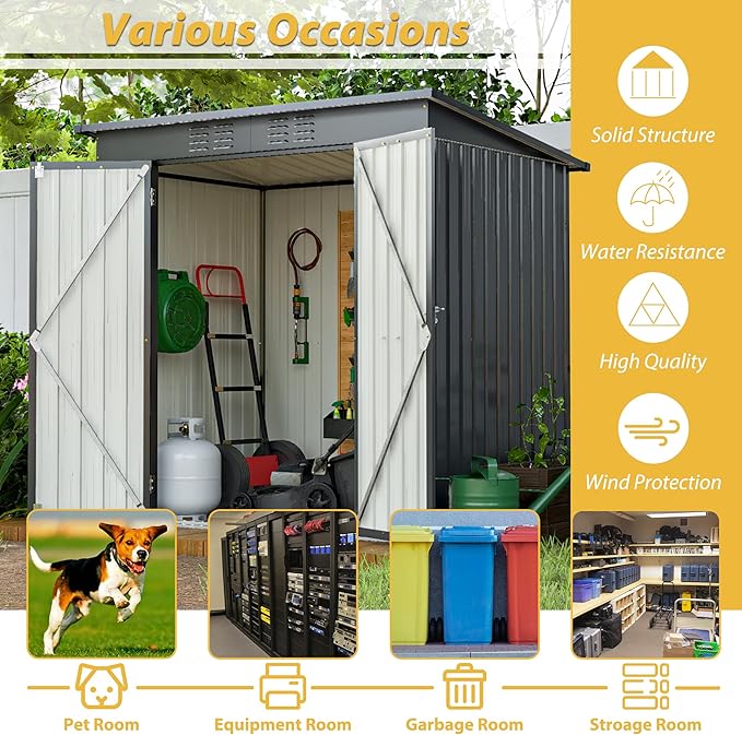 10X8 FT Outdoor Storage Shed, All Weather Metal Sheds with Lockable Doors, Tool Shed for Garden, Patio, Backyard, Lawn (Black with Floor Frame, 6x4 ft)