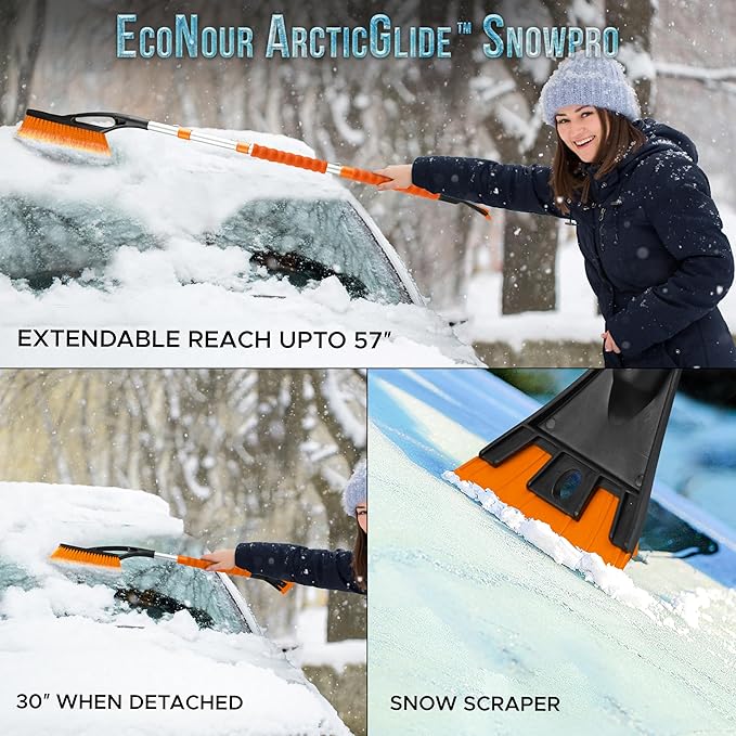 EcoNour 57" Detachable Snow Brush with Ice Scraper for Car Windshield and Window | 4-in-1 Design, Scratch-Free Bristles, EVA Foam Grip | Perfect Snow Accessories for SUVs, Trucks, and Jeeps