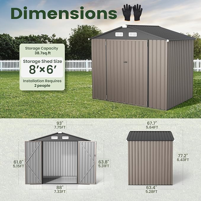 GVDV 8x6 FT Outdoor Metal Storage Shed, 7.3x5.3 FT Base Durable Garden Shed with Updated Frame Structure for Backyard, Patio, Tool Storage, All-Weather Shelter for Bike, Gardening Tools, No Floor