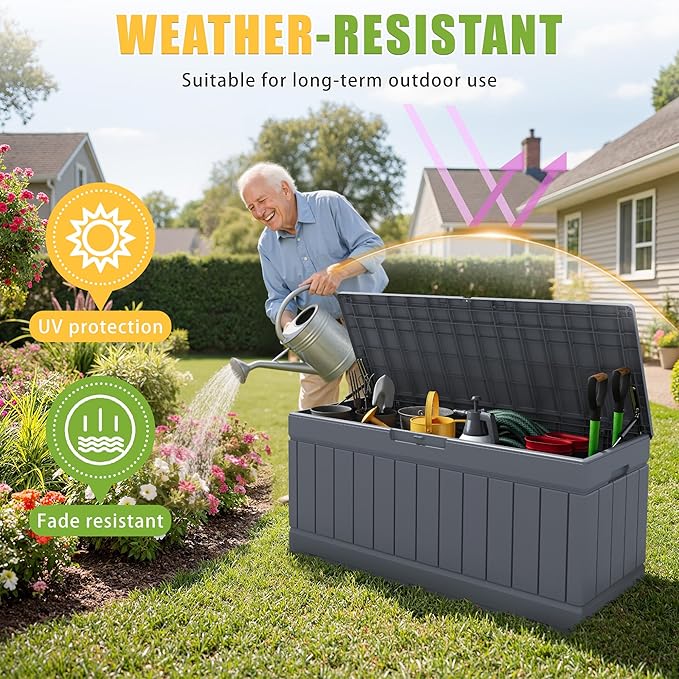 Greesum 82 Gallon Resin Deck Box Large Outdoor Storage for Patio Furniture, Garden Tools, Pool Supplies, Weatherproof and UV Resistant, Lockable, Grey