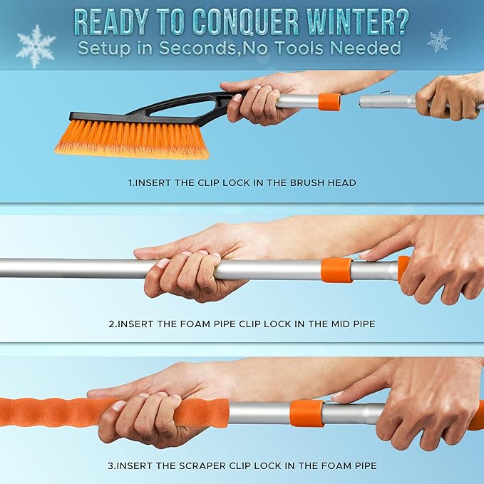 EcoNour 57" Detachable Snow Brush with Ice Scraper for Car Windshield and Window | 4-in-1 Design, Scratch-Free Bristles, EVA Foam Grip | Perfect Snow Accessories for SUVs, Trucks, and Jeeps