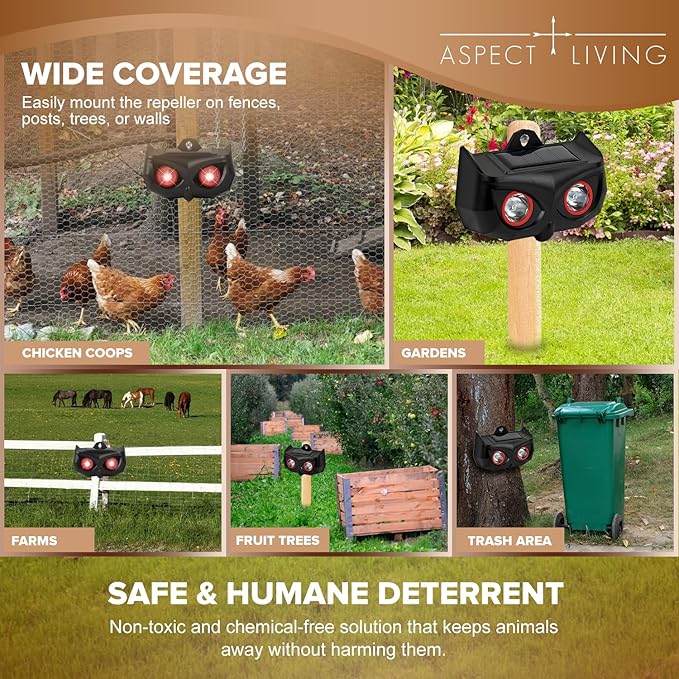 2 Pack Solar Animal Repellent for Coyote, Fox, Raccoon Waterproof Nocturnal Deterrent Lights with Red Flashing LEDs Outdoor Skunk Deterrent