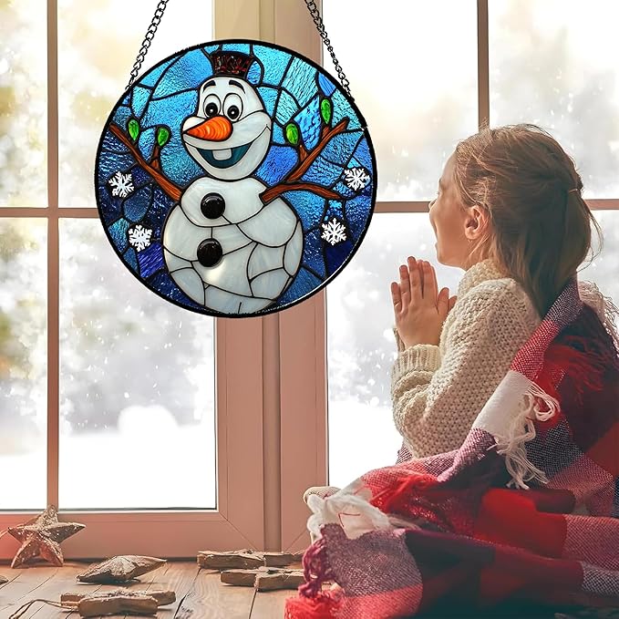 Stained Glass Window Hanging Christmas Funny Snowman 6.3" - Suncatcher Door Garden Blue White Snowflakes Sun Catcher New Year Birthday for Friend Mom Men Woman Nana