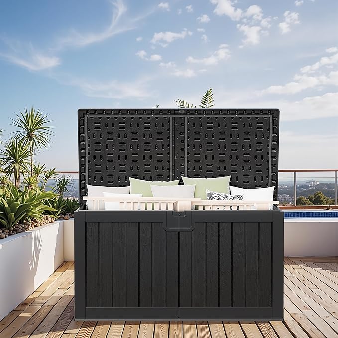 Greesum 230 Gallon HDPE Outdoor Storage Box with Removable Dividers, Weatherproof Oversized Deck Box for Patio, Garage, Garden, Black