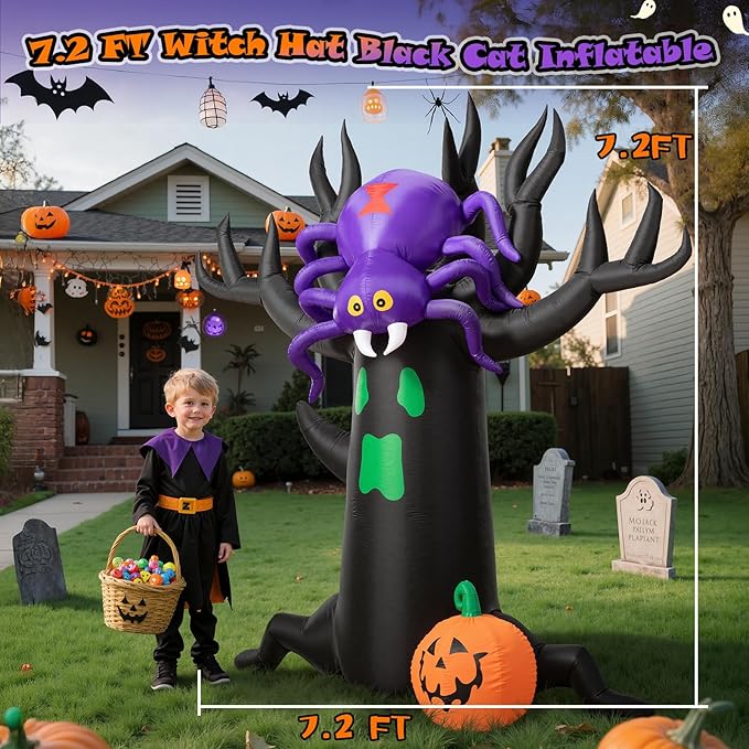 7FT Halloween Inflatable Tree with Giant Purple Spider and Pumpkin, Spooky Blow Up Yard Decoration with LED Lights for Outdoor Lawn, Garden, Party, Holiday Event Decor