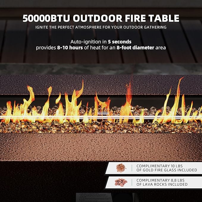 UPHA 42-inch Outdoor Propane Gas Fire Pit Table 50000 BTU Iron Rectangle Firepit for Outside Patio with Tank Hidden Table, Removable Lid, Gold Glass Rocks, Rain Cover, Brown