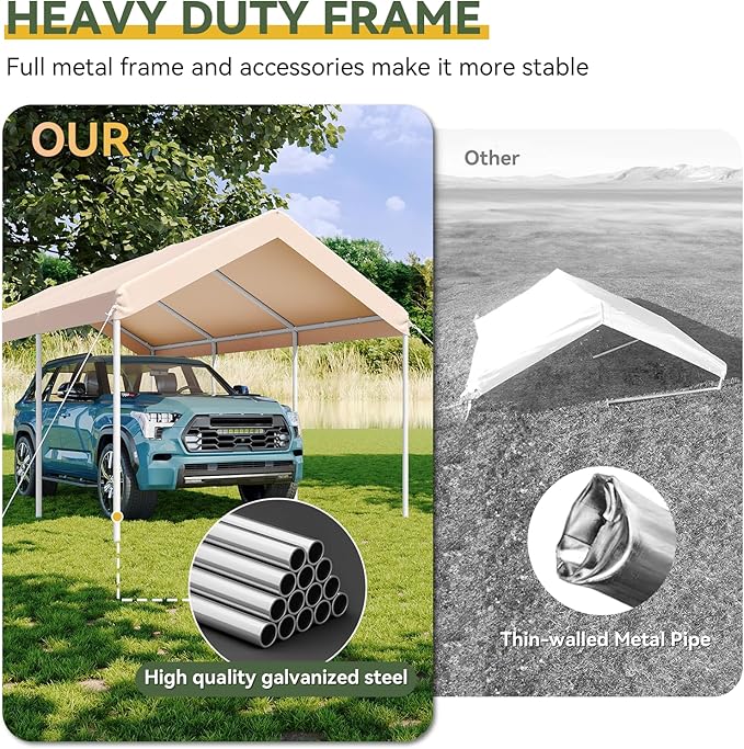 Aoxun 10x20 ft Heavy Duty Carport with Tarp & Wind Resistance Portable Carport Car Tent Outdoor Car Port with Tear Resistant Canopy, No Sidewall - Khaki