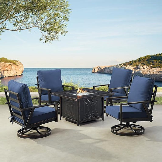 Oakland Living Black Aluminum Patio Fire Table Set with Four Club Chairs with Blue Cushions