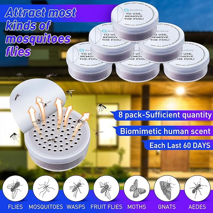 Qualirey 8 Pack Mosquito Attractant Refill for Bug Zappers, 60-Day Lasting Lure for Mosquito Traps, High Catch Rate Fly Insect Bait, Compatible with DynaTrap and Most Indoor/Outdoor Traps