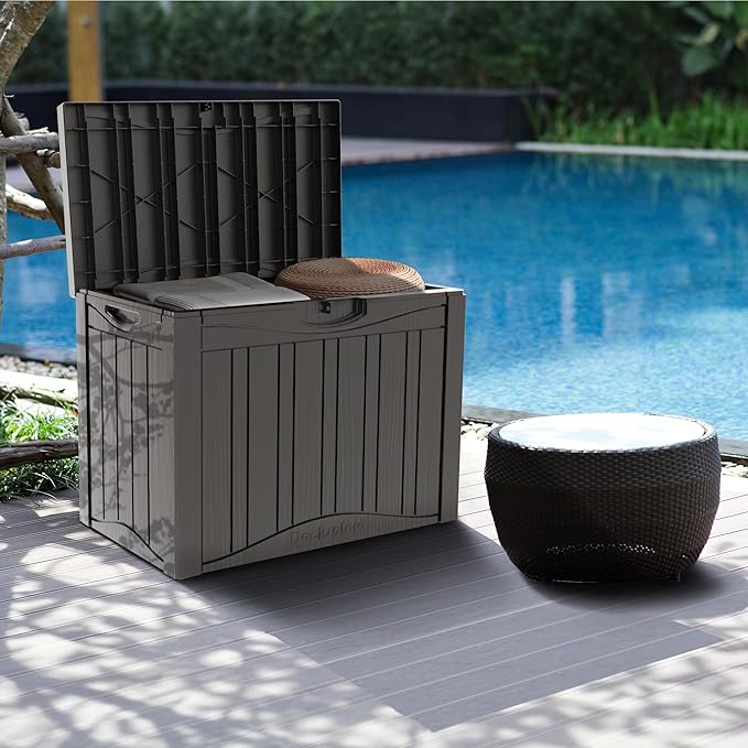 45 Gallon Deck Box, Resin Outdoor Indoor Waterproof Storage Box, Lockable Storage Box With Handle for Patio Furniture - Garden Tools - Swimming Pool Tools UV-Resistant, Brown