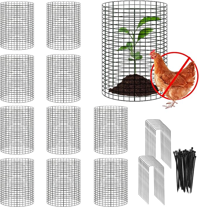 10 Pack 12" H X 4" D Wire Small Plant Protector from Animals, 10 PCS Small Metal Plant Cage Chicken Wire Cloche with Ground Stakes and Nylon Tie to Keep Animals Out, Garden Protection