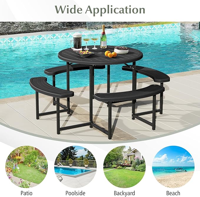 Giantex Picnic Table Bench Set for 4-8 Person, Round 37” Outdoor Dining Table w/Umbrella Hole, HDPE Tabletop, Metal Frame, Patio Furniture Set for Backyard Porch Lawn, 1400lb Capacity (Black,Round)