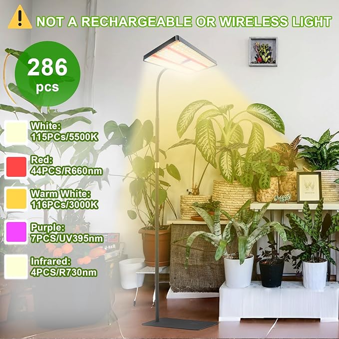 yadoker Grow Light for Indoor Plants,286 LEDs Full Spectrum Standing Plant Grow Light with 4H/8H/12H Timer,10-Level Brightness, 51" Adjustable,Flow Grow Lamp for Tall Large Indoor Plants