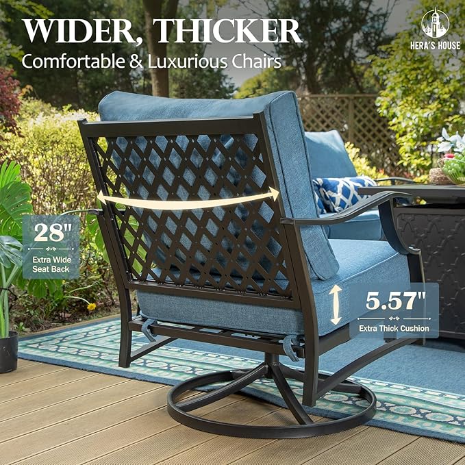 HERA'S HOUSE 7 Piece Patio Furniture Set, 2 x Swivel Chair, 2 x Leg Chair, 2 x Ottoman, 1 x 3-Seat Sofa, All Cushioned 9 Seats Metal Outdoor Conversation Set for Lawn Garden Backyard