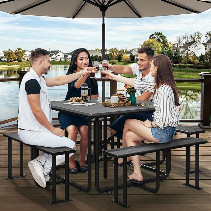 YITAHOME Metal Picnic Table, Powder Coated Outdoor Picnic Table with Heavy-Duty Steel Frame, Adjustable Seats & Umbrella Hole for Yard, Patio, Lawn, Party, Black, Square