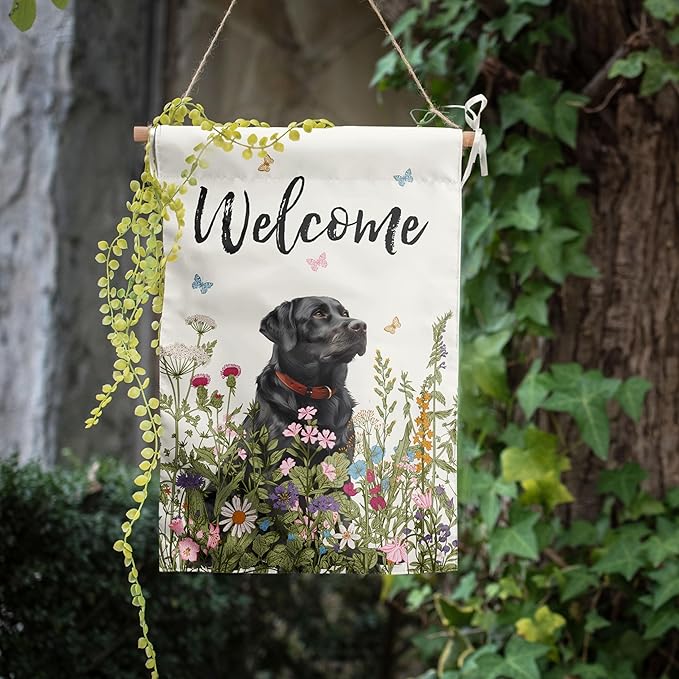 Spring Summer Garden Flag Floral Black Lab Yard Flag Flower Labrador Dog Garden Flags for Outside Small Outdoor Welcome Flags 12x18 Double Sided