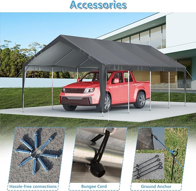 Carport 13'x25'x10' Heavy Duty with Roll-up Sidewall and Ventilated Windows, Portable Outdoor Garage for Car, SUV, Boat, Gray