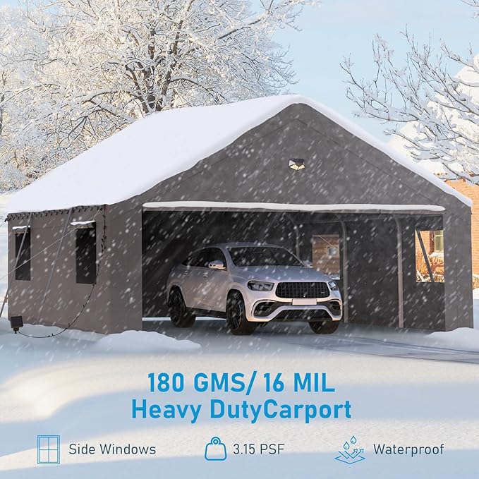 20x20 Carport, Heavy Duty Carport Canopy Garage with Removable Sidewalls and Drive Through Roll Up Zipper Doors, Grey